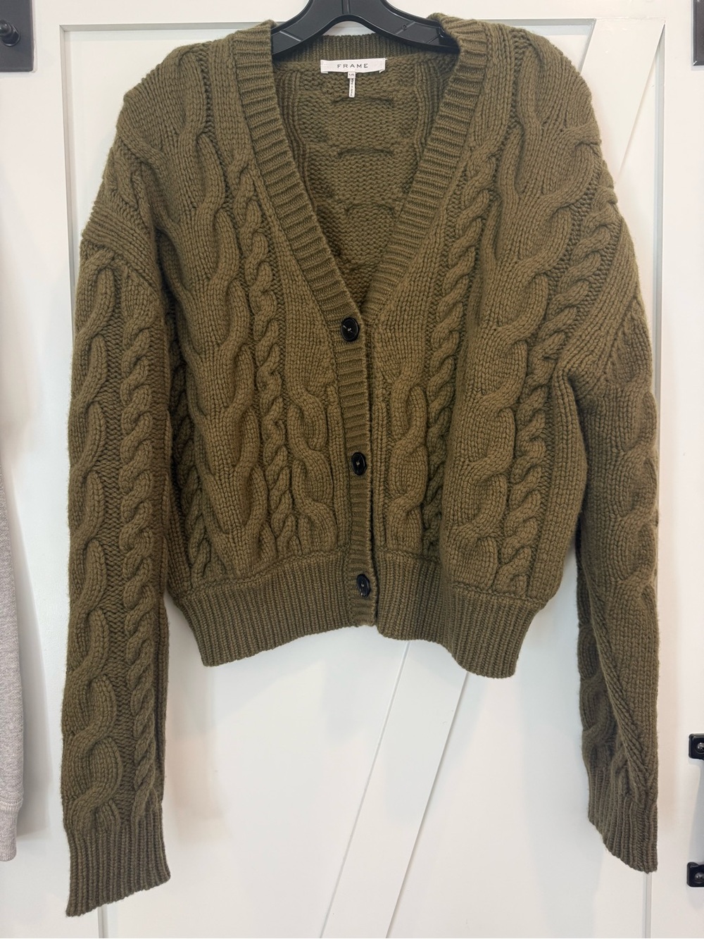 Frame Olive Cable Knit V-Neck Cardigan Sweater